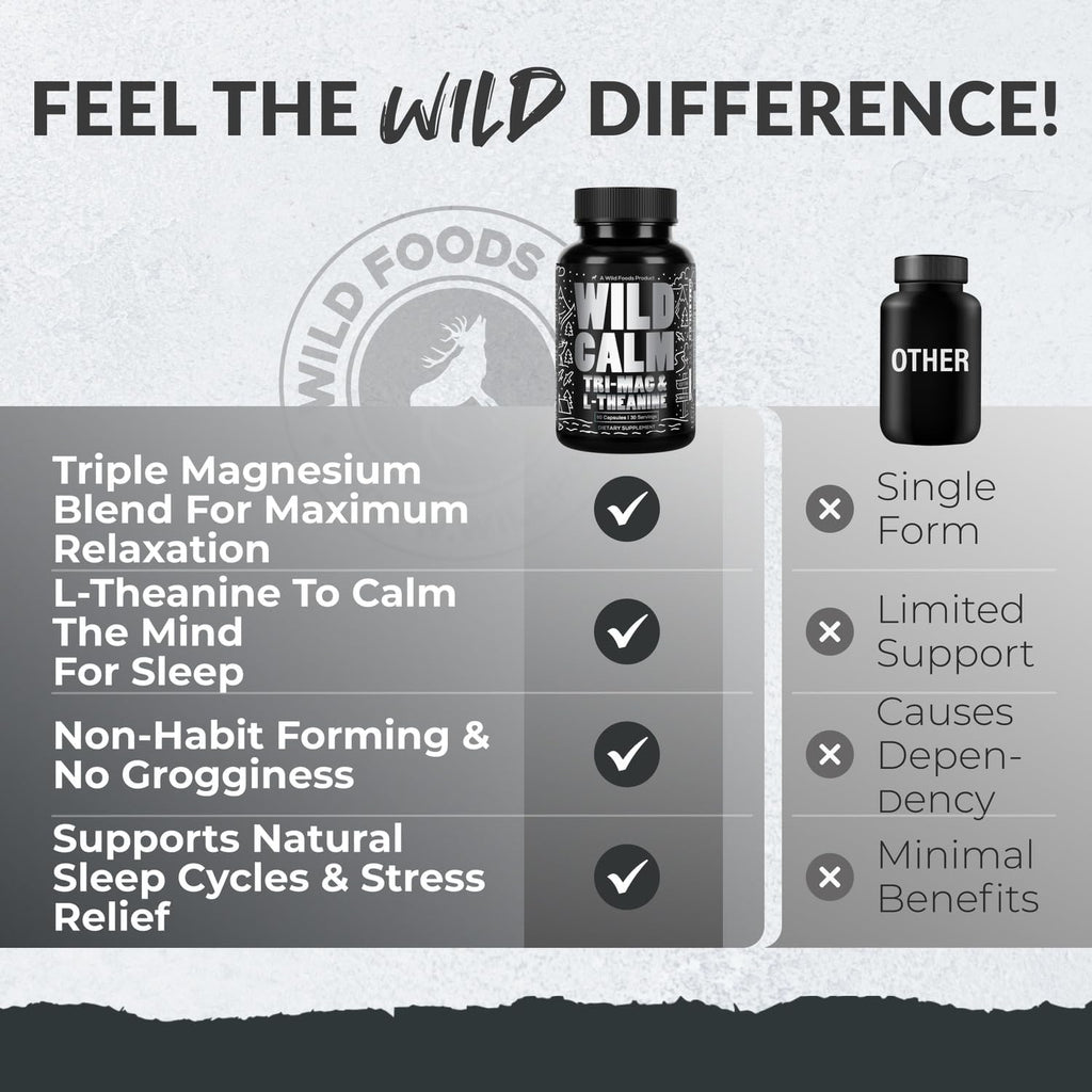 Wild Foods Tri-Mag & L-Theanine – Triple Magnesium Complex for Sleep w/L Theanine – Magnesium Glycinate, Malate, Taurate – 100% Natural – 60 Capsules