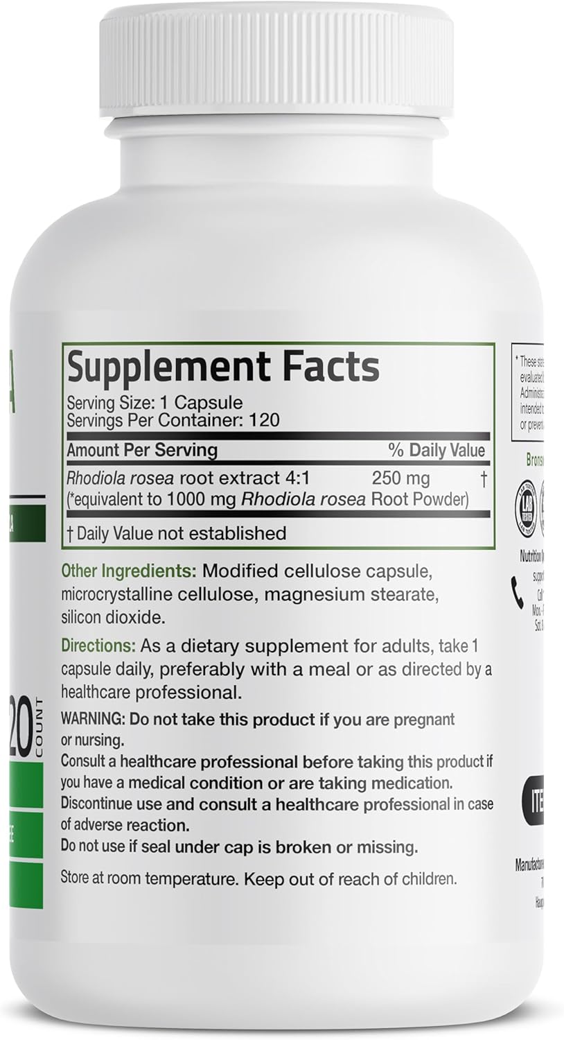 Bronson Rhodiola Rosea Vegetarian Capsules - Adaptogenic Herb - Brain, Stress & Mood Support - Non-GMO, 120 Count
