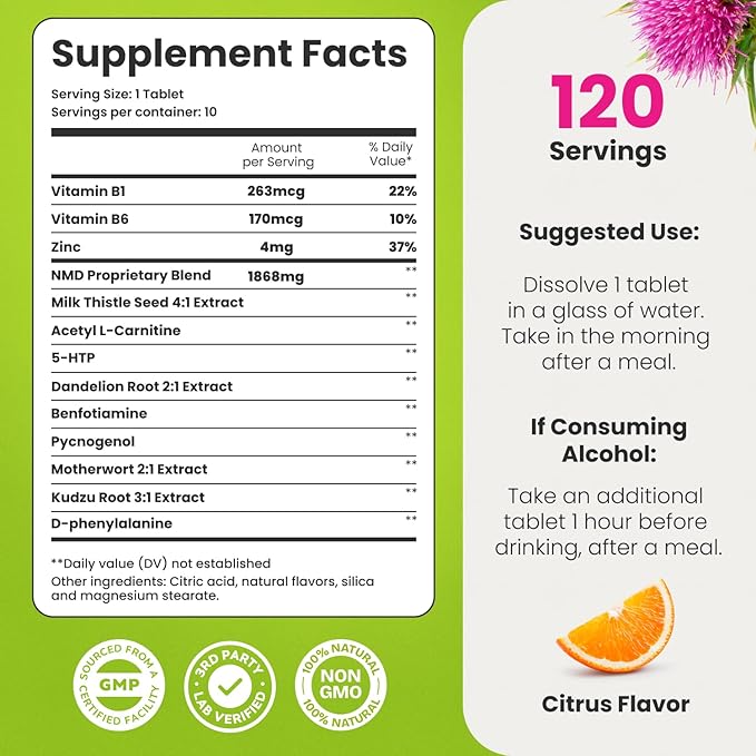 NoMoreDrinks Anti Alcohol Craving Supplement | Liver Detox & Combat Cravings | Energy Support Alcohol Replacement Drink | Organic Milk Thistle Supplement & Dandelion Root & 5HTP | (120) Energy Pills