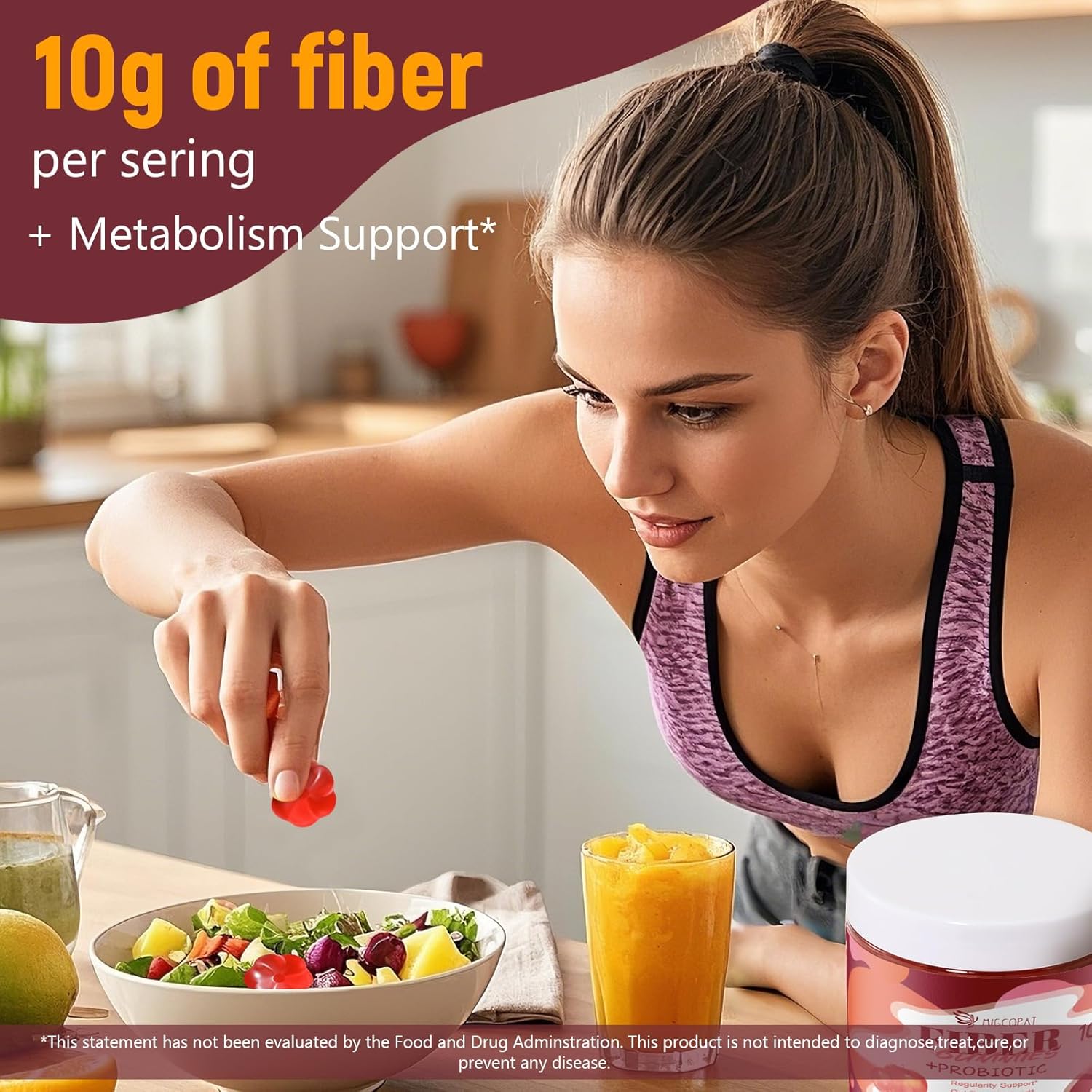 Fiber Gummies with Probiotics,10G Fiber per Serving No Sugar Added Apple Flavor, with 10 Billion CFU Probiotics Blend, Apple Cider Vinegar, Vitamin C, Inulin, Bloating Support 90 Count