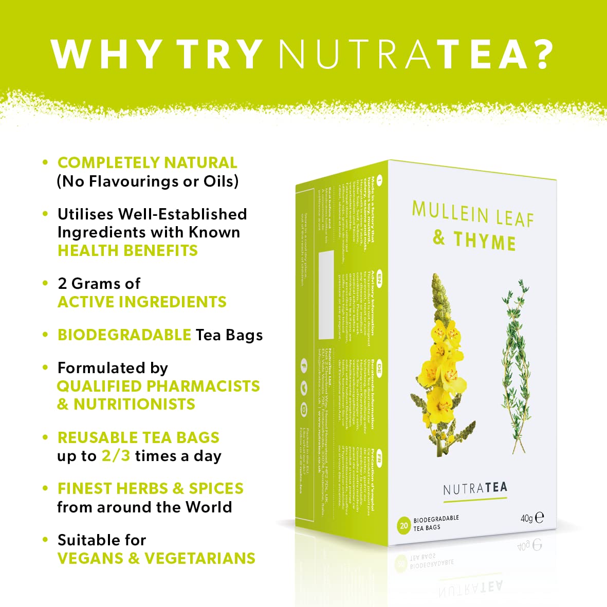 NutraTea - Mullein Leaf & Thyme Tea - Mullein Tea - Thyme Teabags For Lungs & Throat - 40 Individually Wrapped Bags - Herbal Infusion (2 Pack)