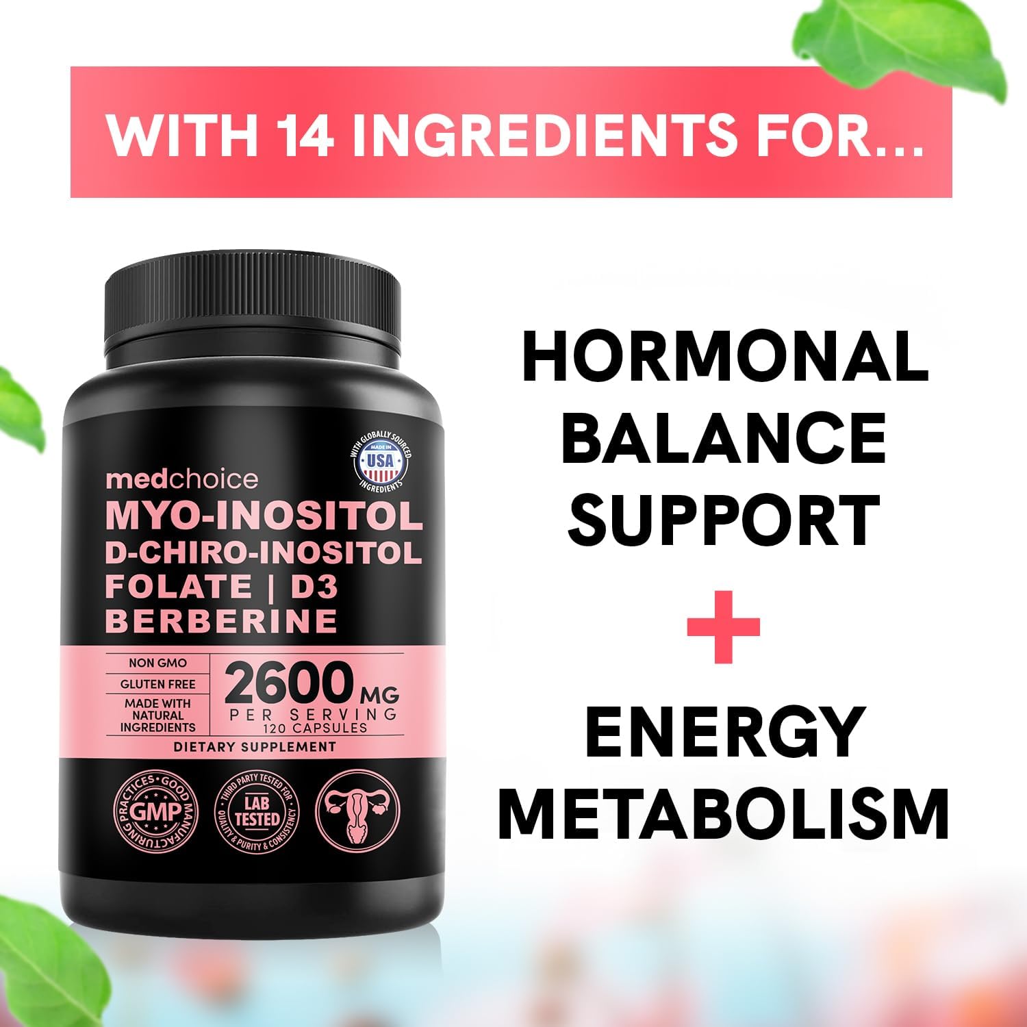 14-in-1 Inositol Supplement & Hormone Support for Women - 40:1 Myo-inositol & D-Chiro Inositol Ovarian Support Capsules for Hormone Balance with Folate, Vitamin D and B12 (120 count) (Pack of 2)