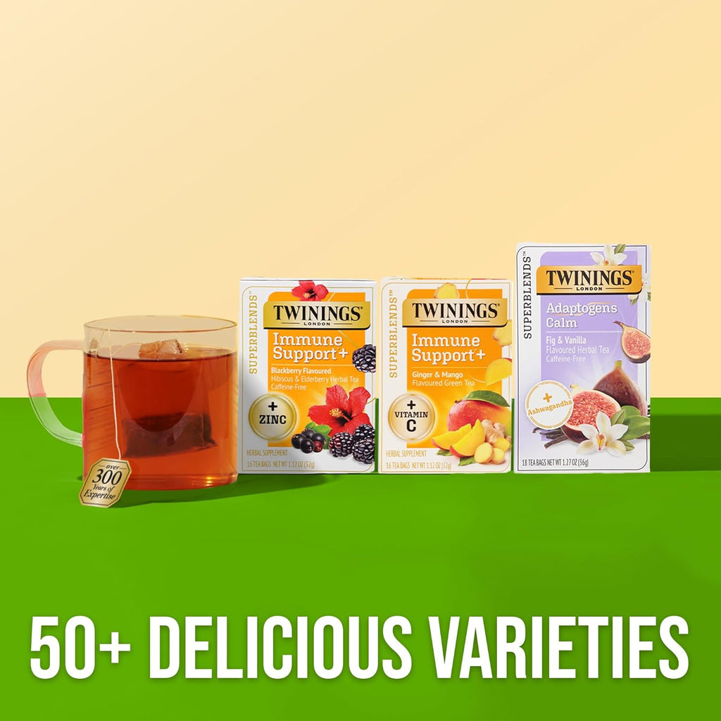 Twinings Superblends Immune Support+ Zinc Blackberry Flavoured Hibiscus, Elderberry Herbal, Naturally Caffeine-Free, 16 Tea Bags (Pack of 6), Enjoy Hot or Iced, 96 Teabags