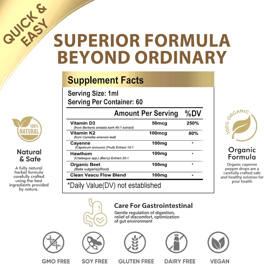 Cayenne Pepper Drops, Liquid Supplement with Cayenne Pepper, Hawthorn Berry, Vitamin D3 K2, Beet Root, Ceylon Cinnamon & Turmeric for Digestive & Immune Support, 2 oz