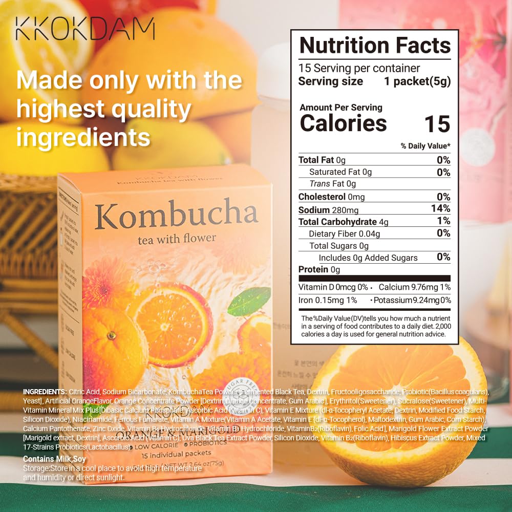 KKOKDAM Kombucha Tea - Orange & Marigold Korean Tea - Kombucha Drinks Probiotic Support, Low Calorie, Sugar Free Kombucha - 15 Packs
