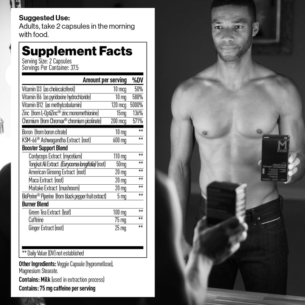 Mdrive Boost and Burn Testosterone Booster and Fat Burner for Men, Energy, Strength, Stress Relief, KSM-66 Ashwagandha, Advantra Z, Chromax, 60 Capsules