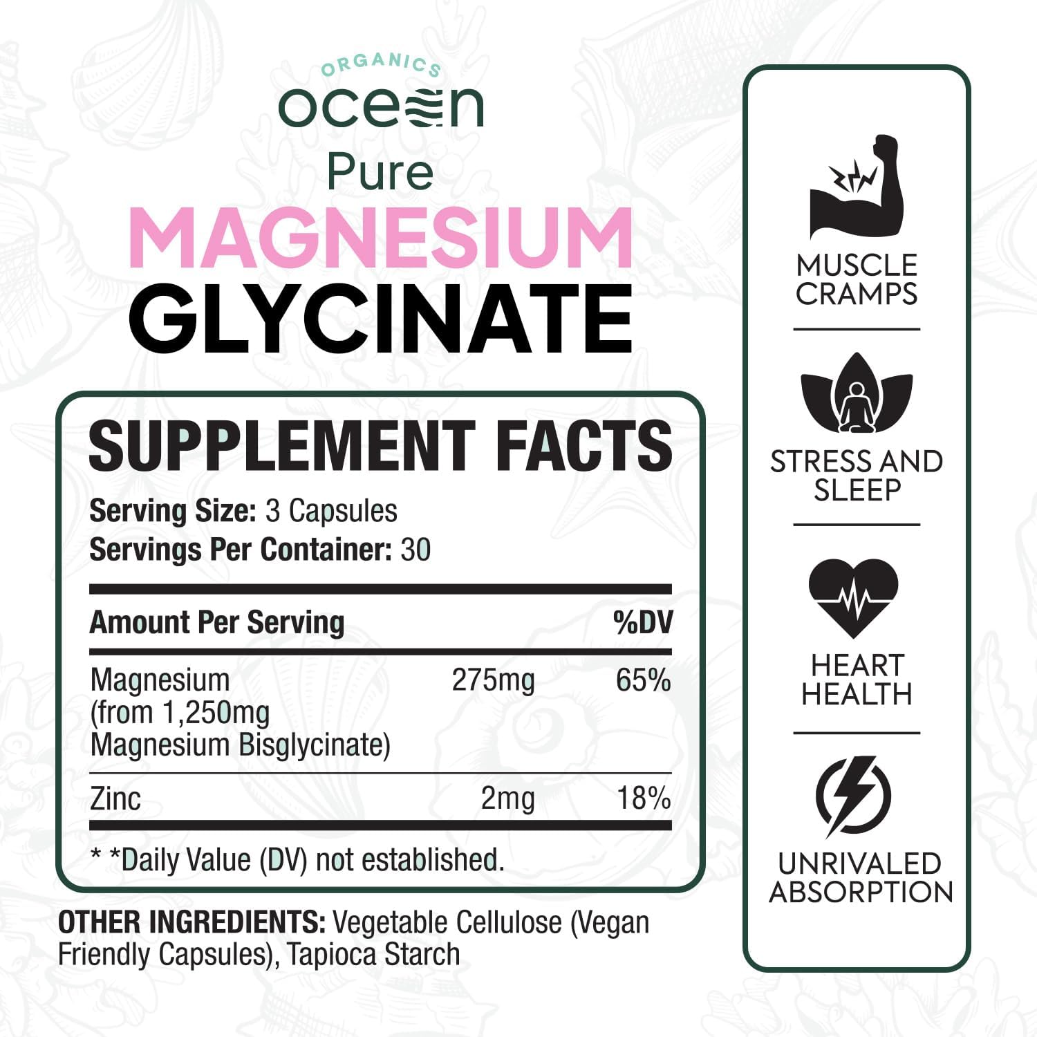 Pure Magnesium Glycinate with Zinc - Maximum Strength Chelated Magnesium Supplement for Women and Men for Muscle Cramps and Sleep Support - 6 Bottles