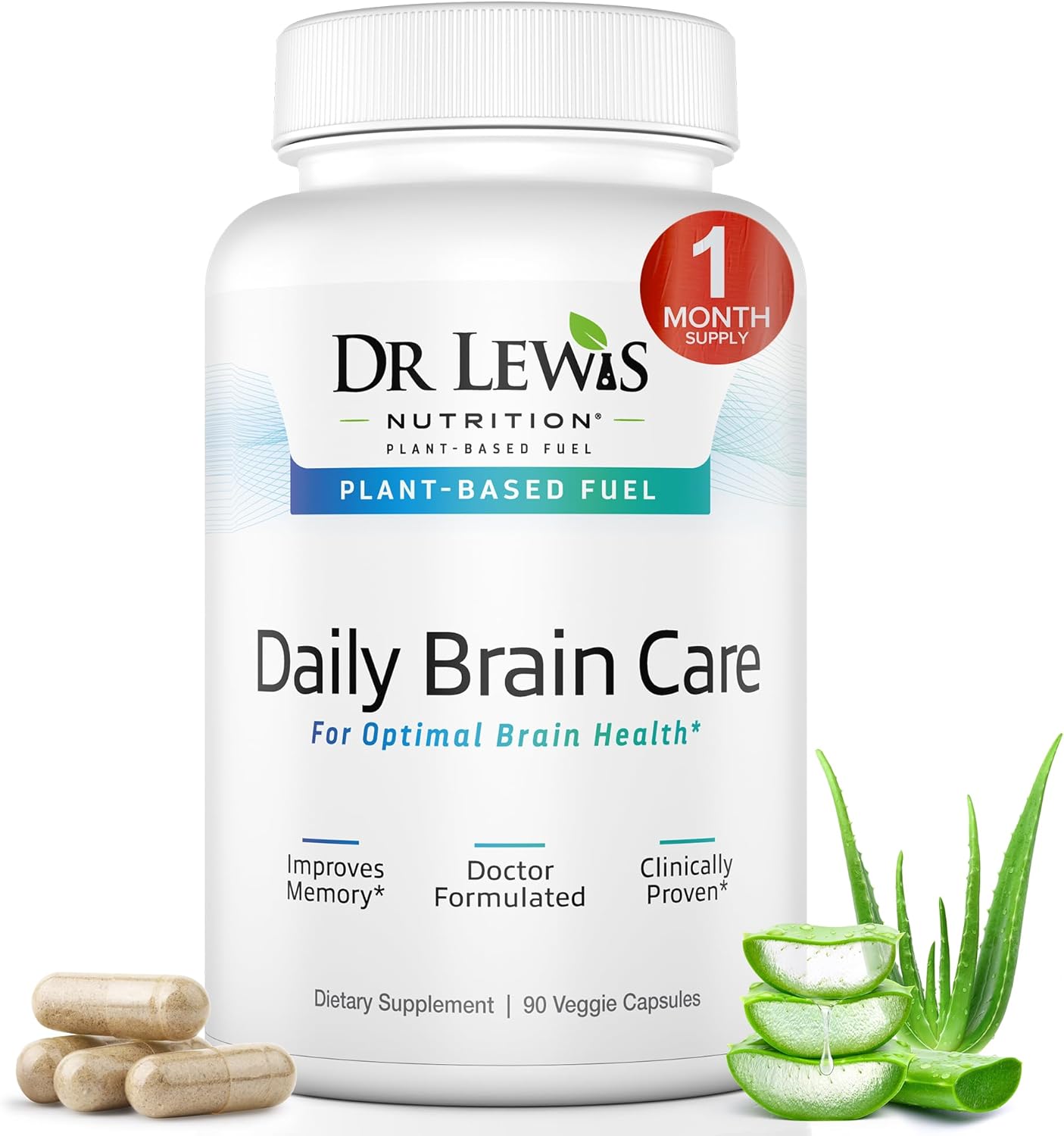 Brain Supplements for Memory and Focus – Dr Lewis Daily Brain Care Capsules with Aloe Vera – Plant-Based Nootropic and Energy Supplement for Brain Fog, Mental Clarity, and Immune Support – 90 Capsules