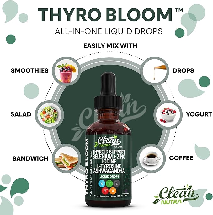Clean Nutra Thyroid Support Drops Selenium Zinc Iodine L Tyrosine KSM66 Ashwagandha Vitamin D3 B12 A C Turmeric Kelp Schisandra Guggul Cayenne Basil Liquid Supplement Folate Copper Thyro Bloom Drop