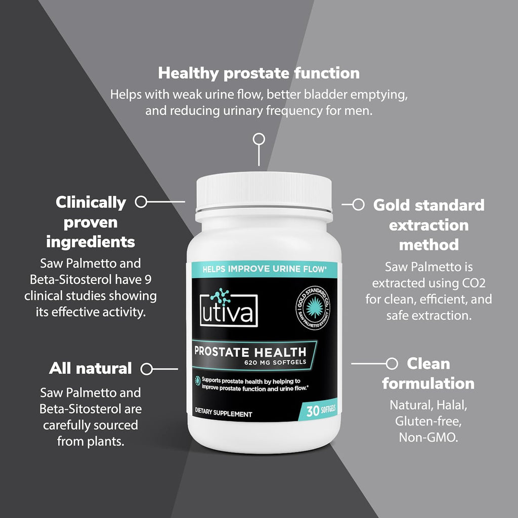 Utiva Prostate Health - Natural Formula for Healthy Function and Urine Flow - Prostate Supplement for Men - Beta-Sitosterol and Saw Palmetto for Men - 30 Softgels
