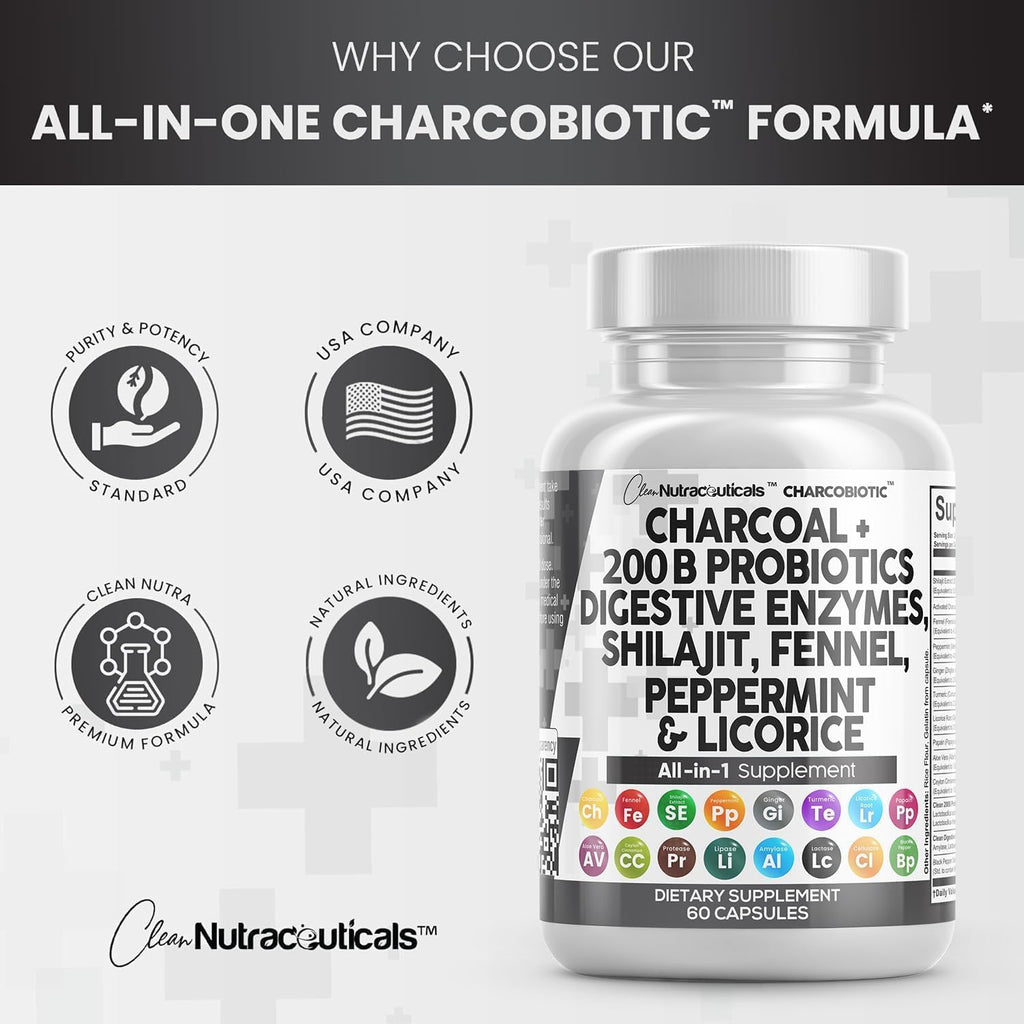 Clean Nutra Activated Charcoal Capsules Shilajit Pills Probiotic Digestive Enzymes for Digestive Health with Peppermint Fennel Licorice Papain Ginger Turmeric | Gut Health