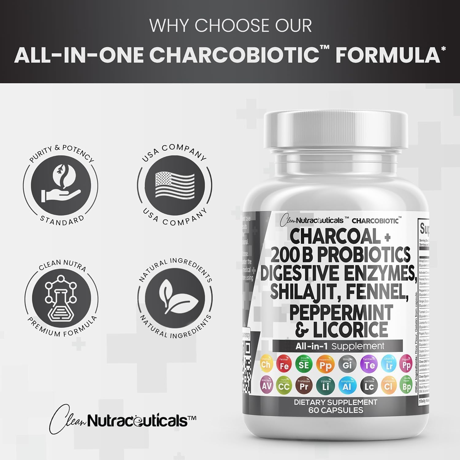 Clean Nutra Activated Charcoal Capsules Shilajit Pills Probiotic Digestive Enzymes for Digestive Health with Peppermint Fennel Licorice Papain Ginger Turmeric | Gut Health