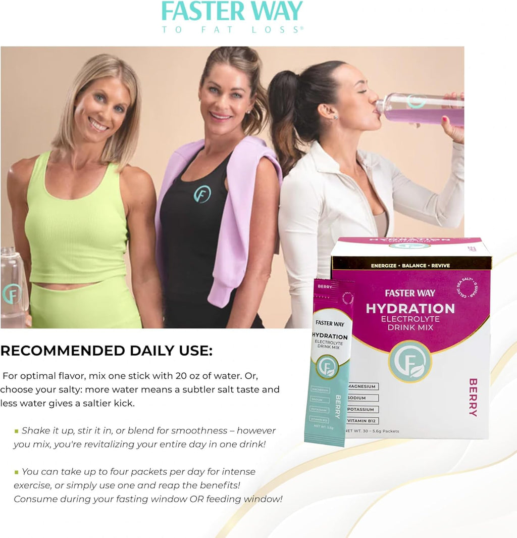 Faster Way - Hydration - Electrolyte Drink Mix - with Apple Cider Vinegar, Choline, Probiotics & Natural B Vitamins - Energize & Revive - Powder Packets - Zero Sugars - Gluten Free - Berry - 30 Pack