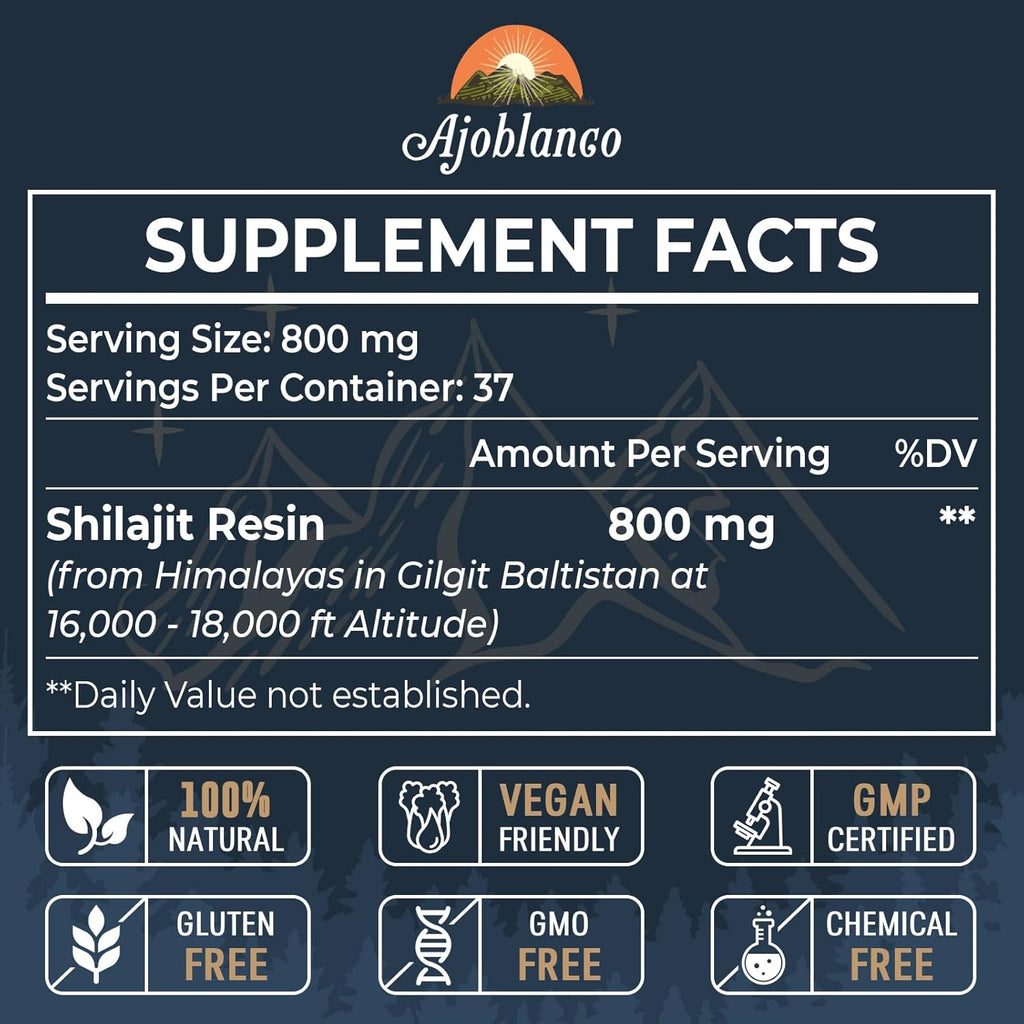 Ajoblanco 800 Mg Himalayan Shilajit Resin, Shilajit Pure Himalayan Organic, Shilajit Supplement with Purity, High Dosage & Potency for Energy, Strength & Immunity, Men & Women, 30 Grams