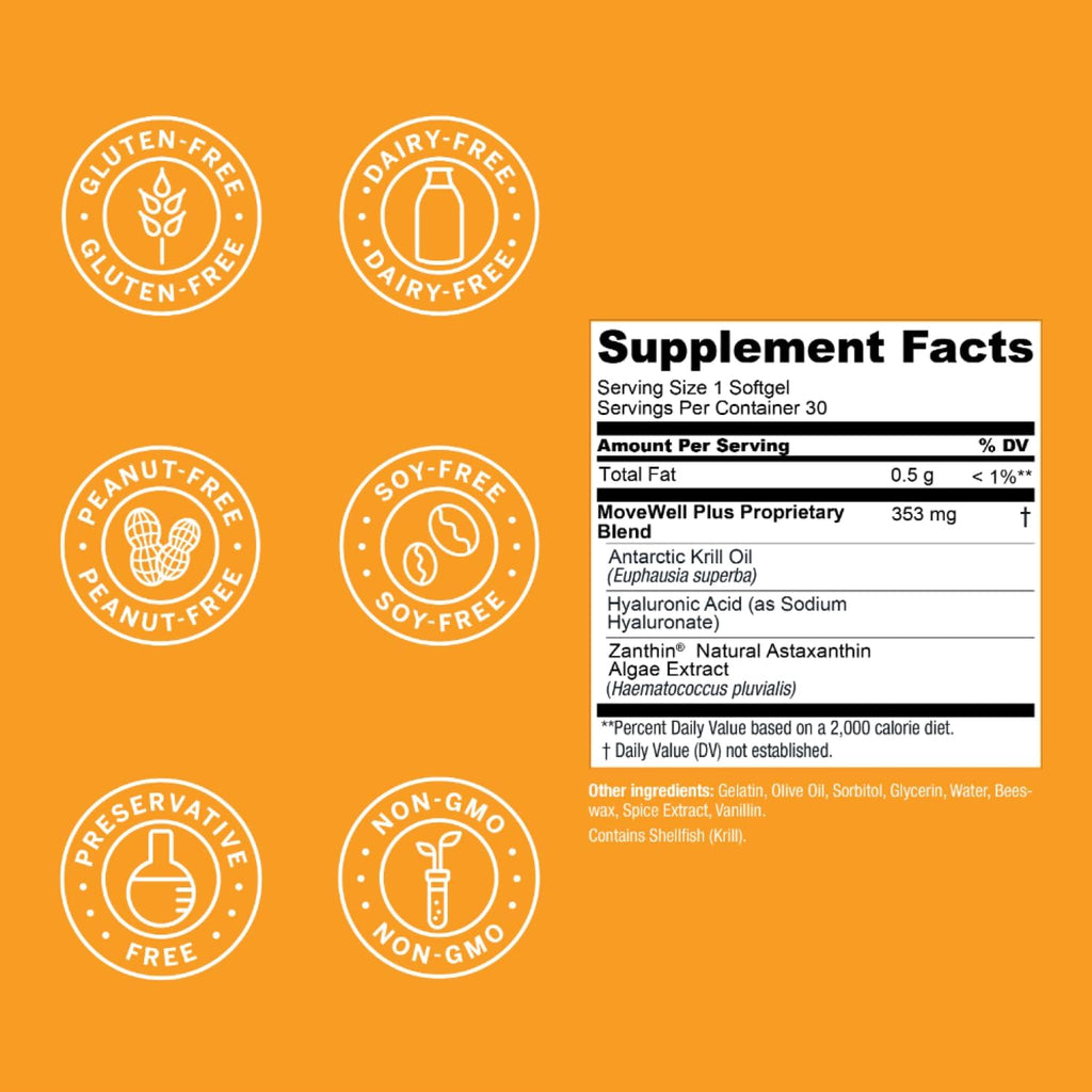 Live Conscious Joint Health Supplement - MoveWell Plus Antarctic Krill Oil, Natural Astaxanthin and Hyaluronic Acid | Outperforms Glucosamine