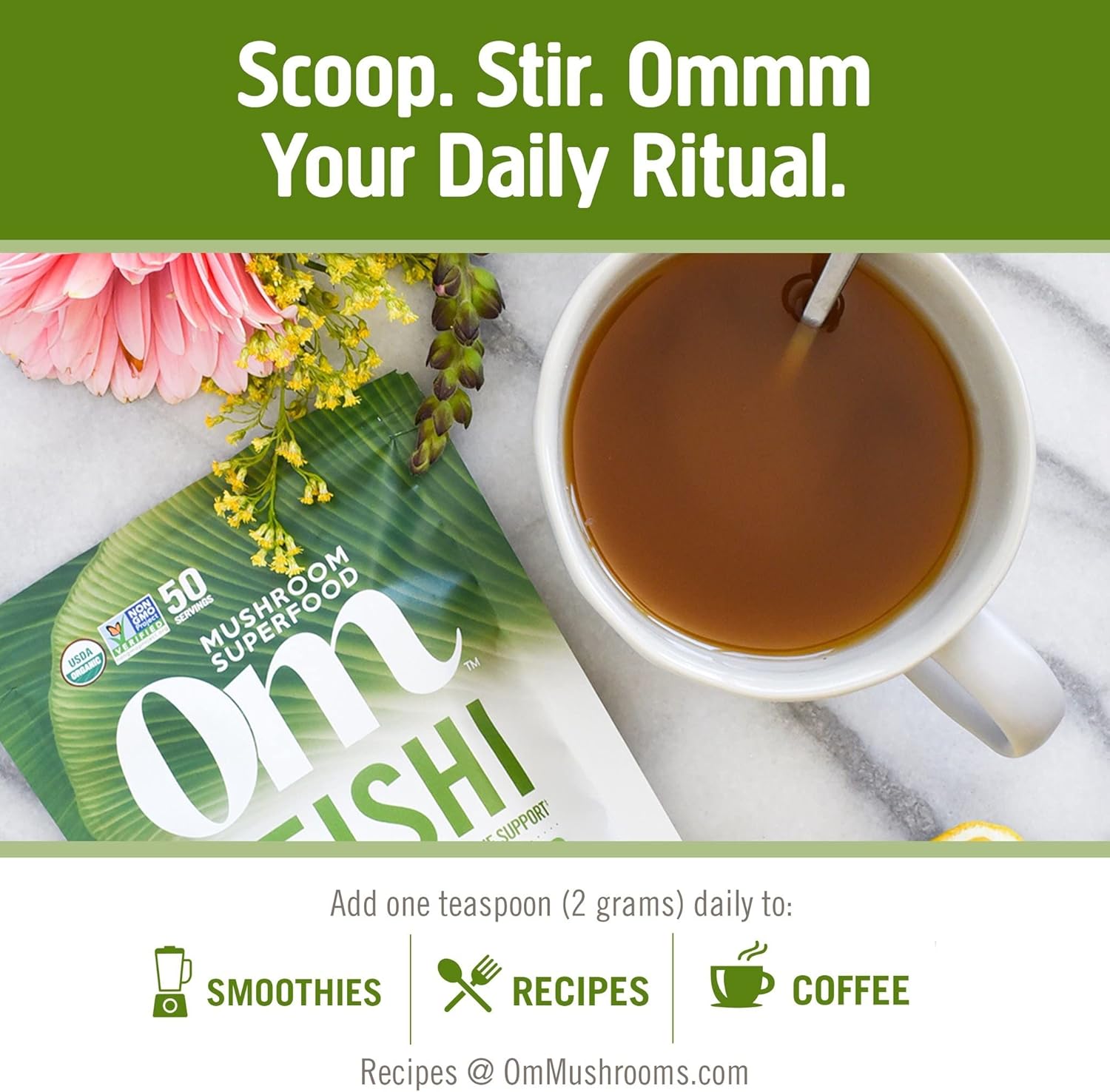 Om Mushroom Superfood Reishi Organic Mushroom Powder, 100 Servings, Organic Adaptogen Powder for Stress Relief and Immune Health