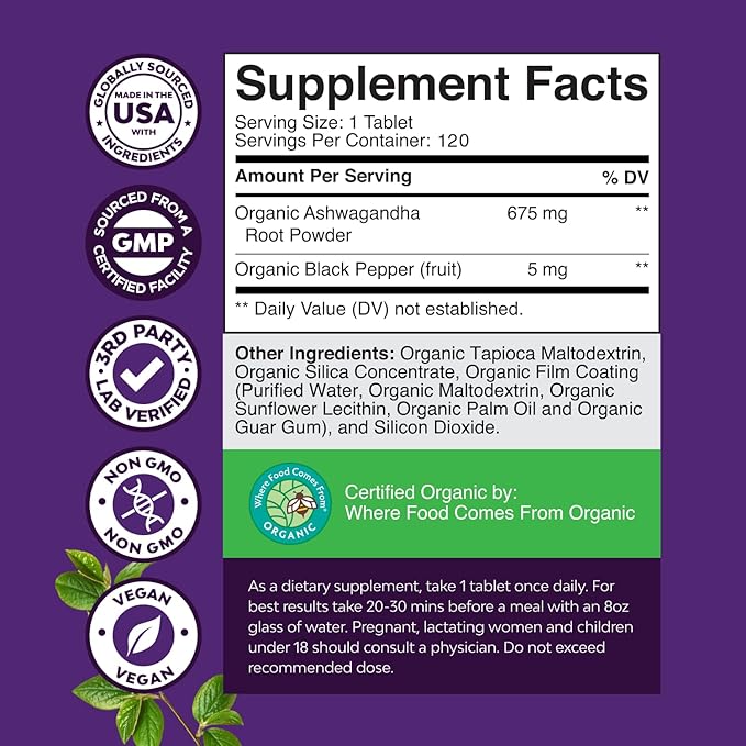 High Strength Organic Ashwagandha Supplements - Ashwagandha Organic Tablets for Mood Support & Hormone Balance for Women & Men - Root Extract Powder with Black Pepper for Better Absorption - 120 Ct