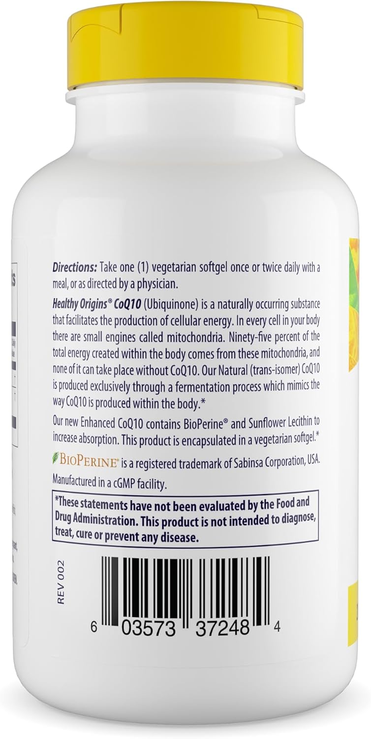 Healthy Origins Natural Enhanced CoQ10 (BioPerine®), 200 mg - Heart Health & Energy Supplement - Gluten-Free & Non-GMO Supplements, with BioPerine & Sunflower Lecithin ((Pack of 1) 60 Veggie Gels)