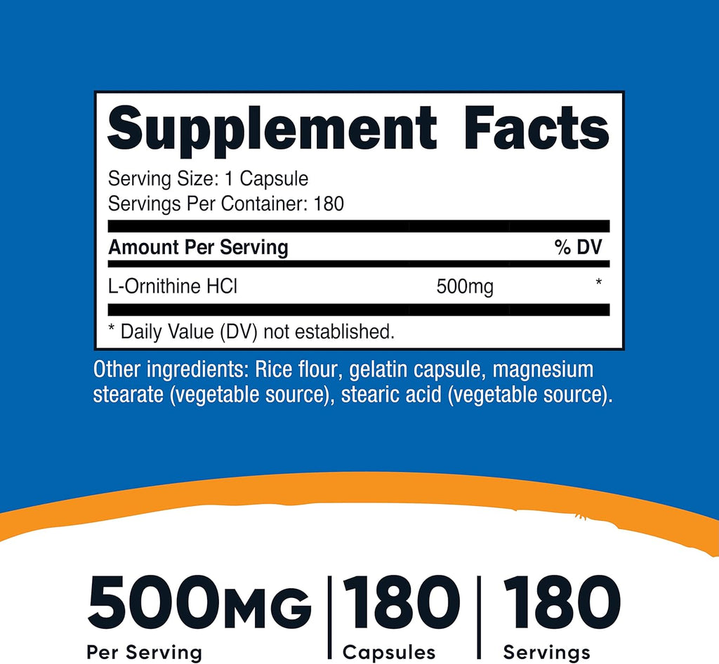Nutricost L-Ornithine 500mg; 180 Capsules (2 Bottles)