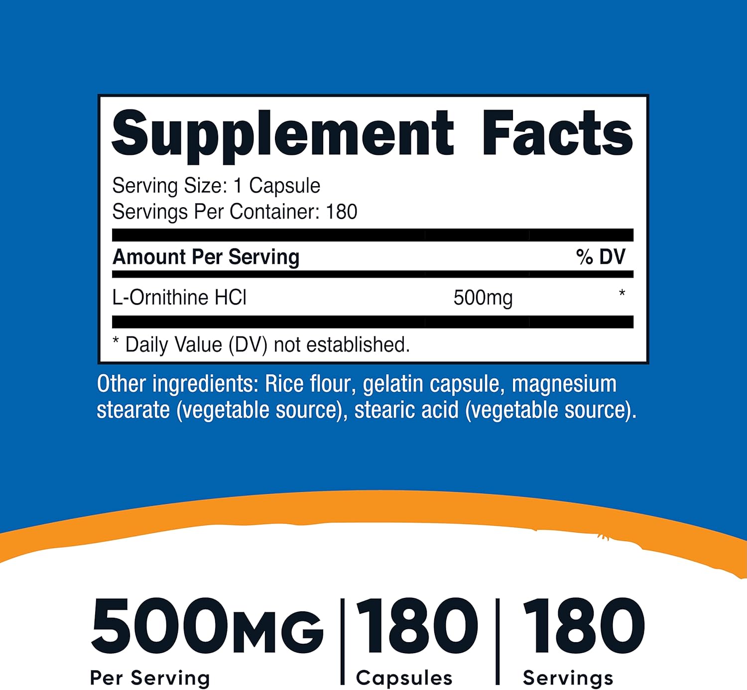 Nutricost L-Ornithine 500mg; 180 Capsules (2 Bottles)