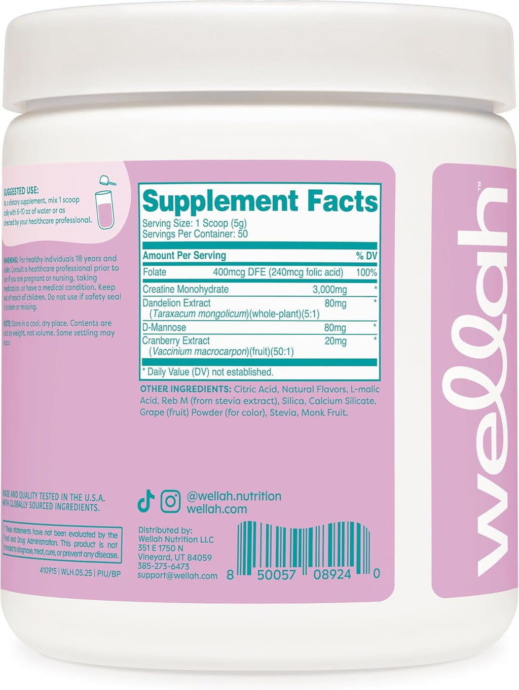 Wellah Creatine for Women - Creatine Monohydrate with Dandelion & Cranberry Extract (50 Servings, Blueberry Pomegranate)