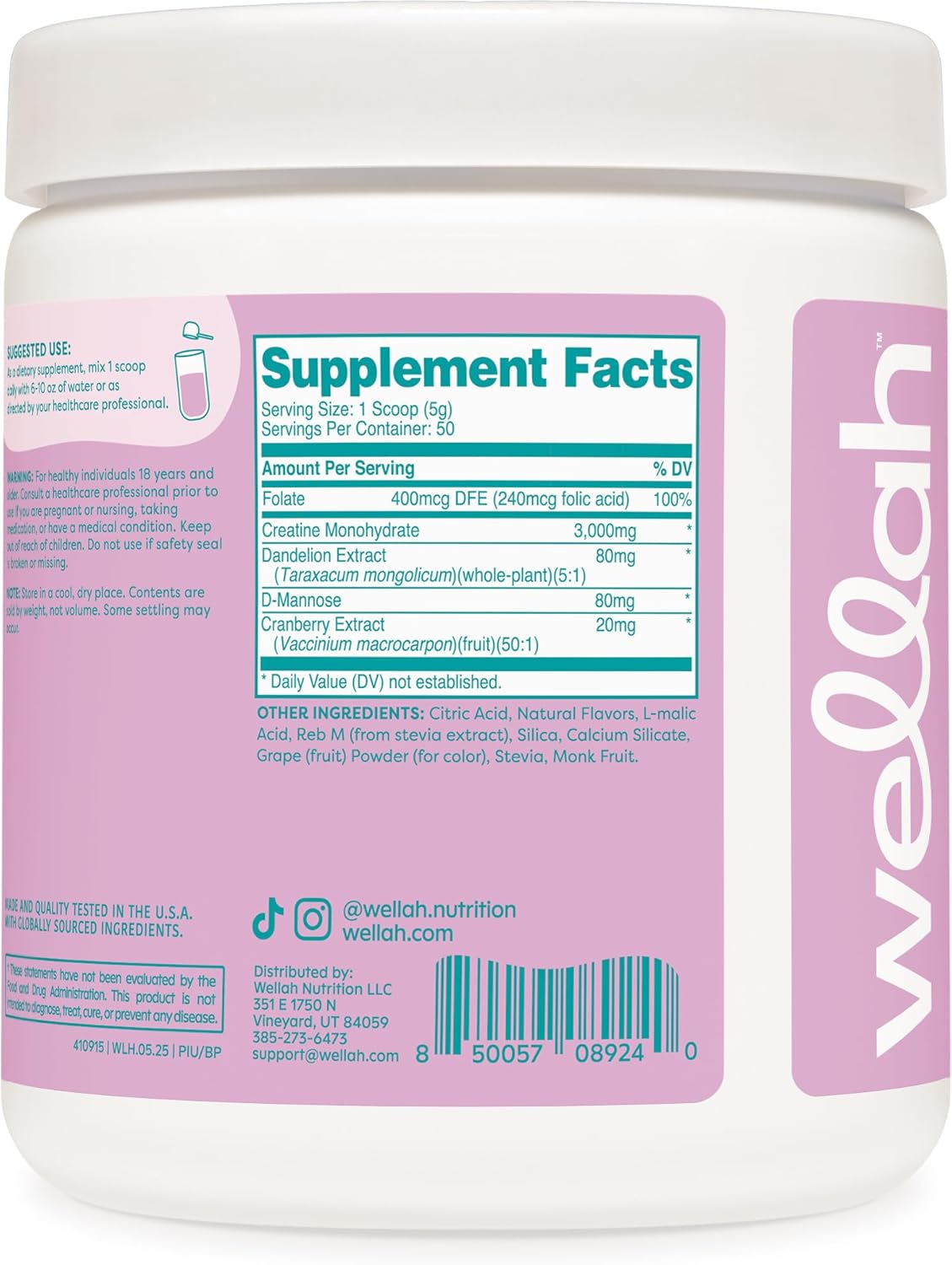 Wellah Creatine for Women - Creatine Monohydrate with Dandelion & Cranberry Extract (50 Servings, Blueberry Pomegranate)