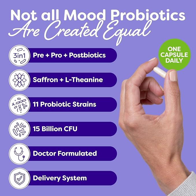 Probulin Mood Probiotics for Women with Saffron, L Theanine, Probiotic, Prebiotic, Postbiotic - Mood Support Supplement & Gut Support - Vegan, Non GMO, 30 Capsules