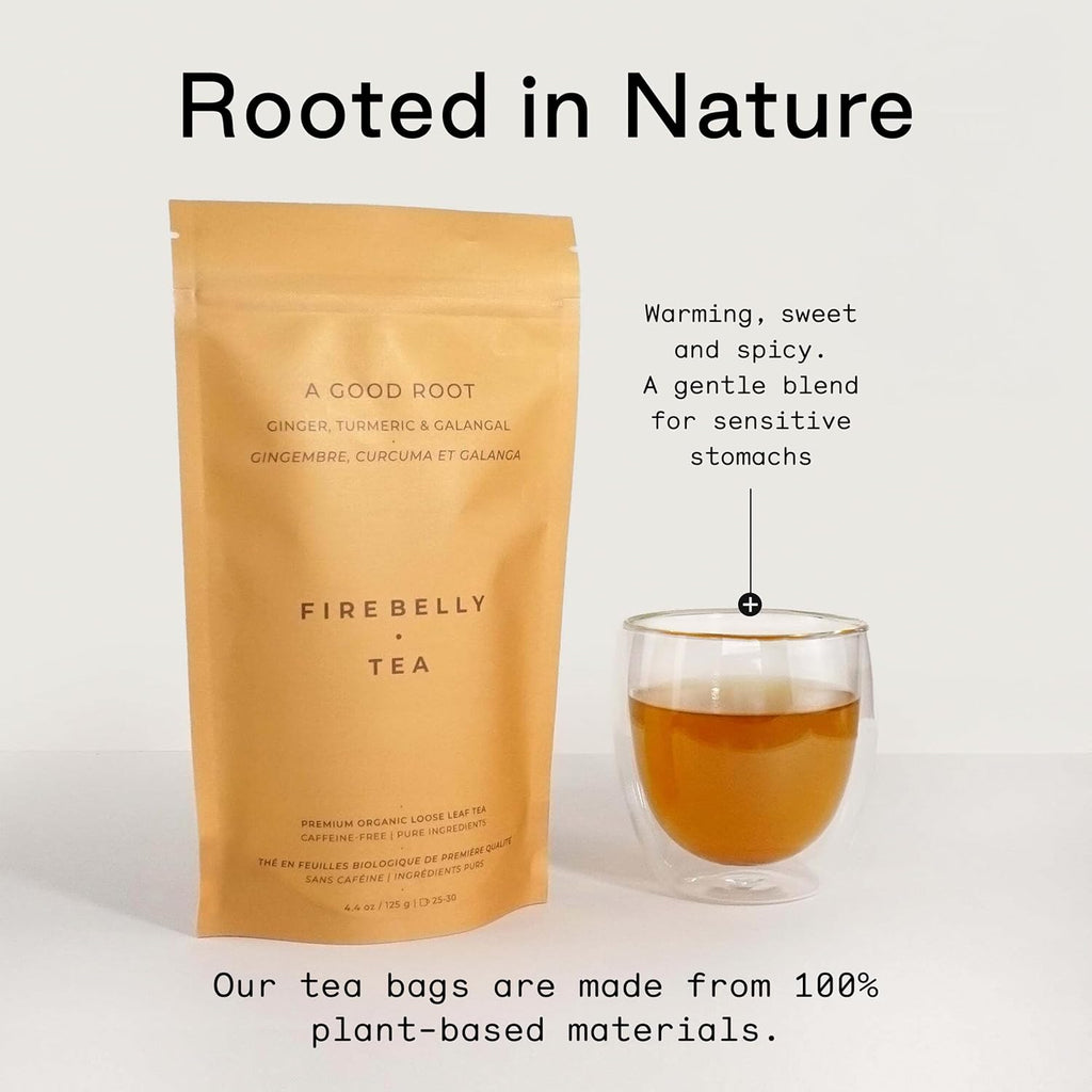 Firebelly Tea A Good Root, Organic Ginger, Turmeric & Galangal Tea, Herbal Loose Leaf Blend, Caffeine Free, Spicy Warming Tea for Digestion & Daily Wellness, 4.4oz