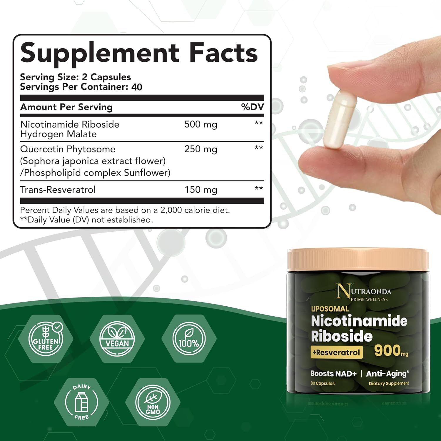 Liposomal Nicotinamide Riboside 900mg Resveratrol & Quercetin – NAD Supplement Plus for Anti Aging, Cellular Energy & Improve Health- 80 Capsules