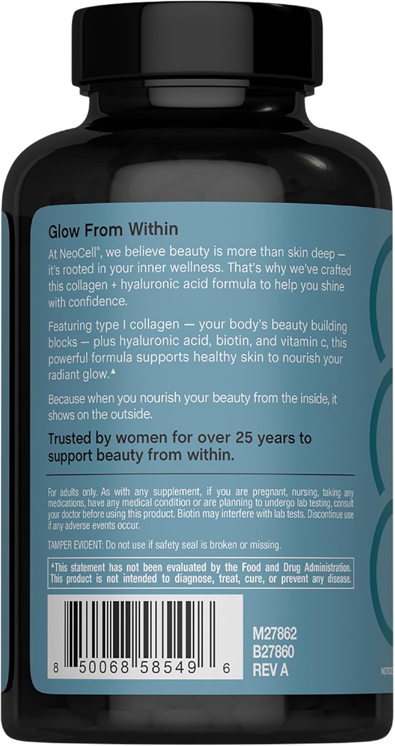 NeoCell Marine Collagen Peptides Supplement | 180 Caplets | with Hyaluronic Acid | Double Strength Formula | Nails, Skin, & Hair