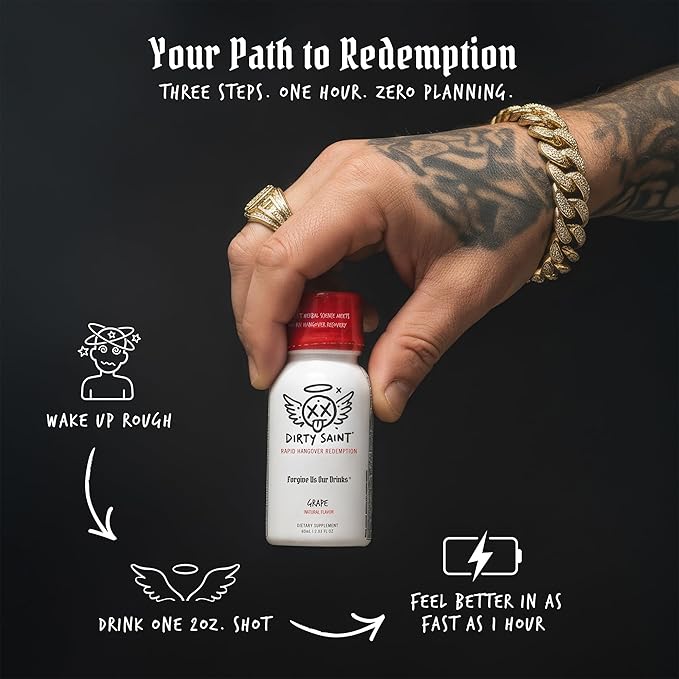 DIRTY SAINT Rapid Hangover Recovery Shot – Morning After Formula – B12 + NAC + Electrolytes + Vitamin B & C Complex – Hydration & Energy – 2oz Grape Drink – 6-Pack