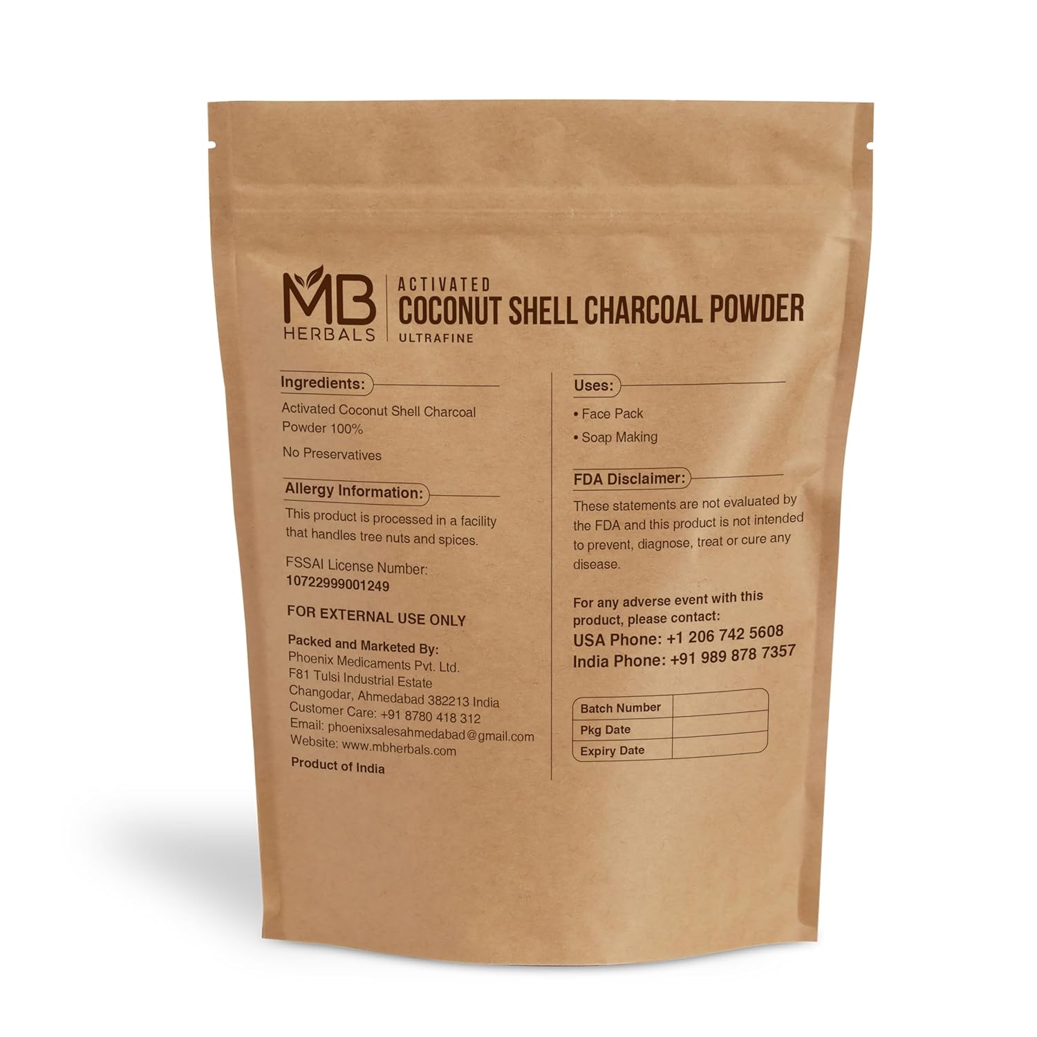 MB Herbals Activated Charcoal Powder from Coconut Shell 3.5 oz (100 Gram) For External Use Only | For ToothPowder Face Packs and Masks | Soap Making | Do not Injest