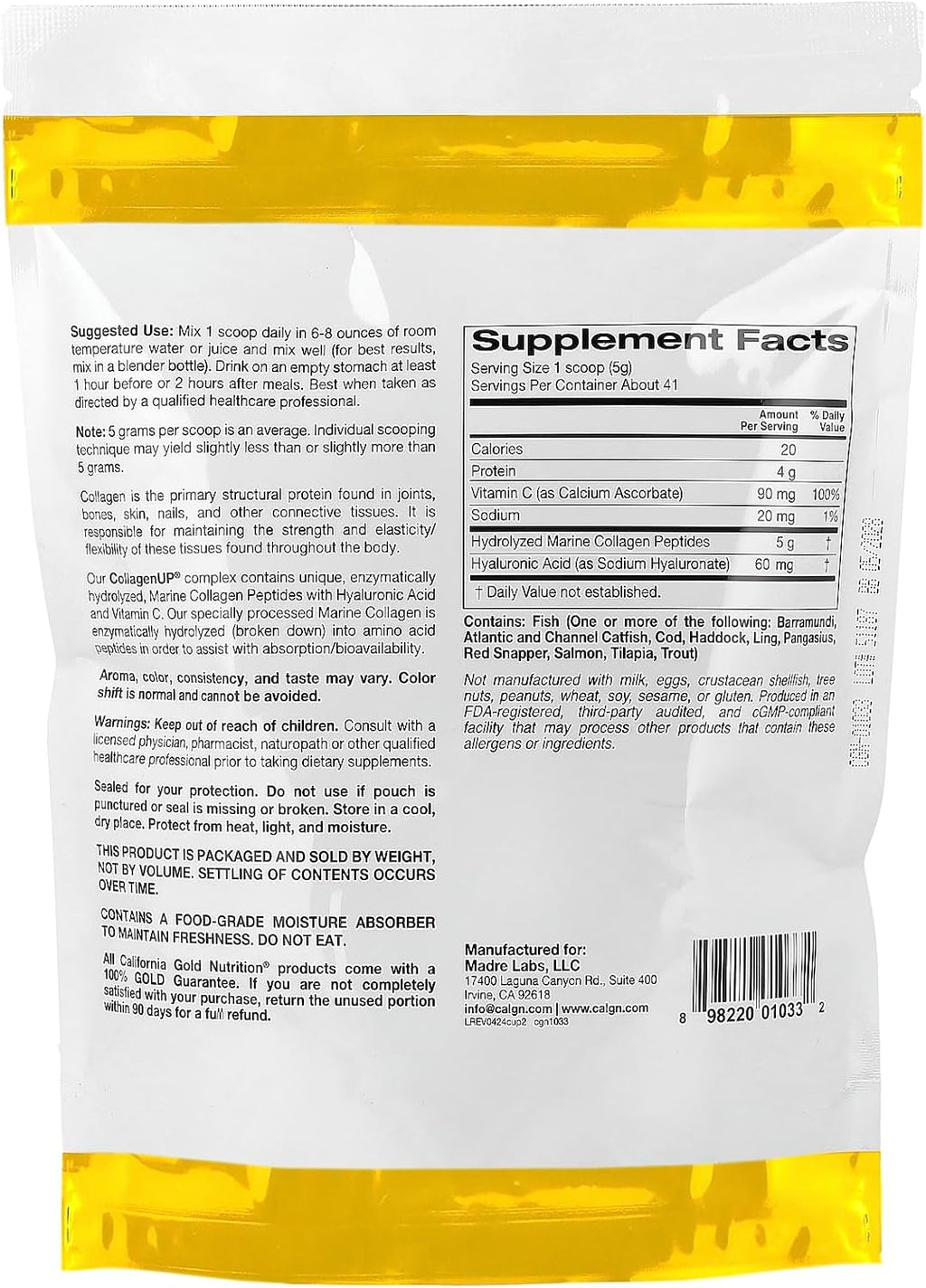 California Gold Nutrition CollagenUP®, Hydrolyzed Marine Collagen Peptides with Hyaluronic Acid and Vitamin C, Unflavored, 7.26 oz (206 g)