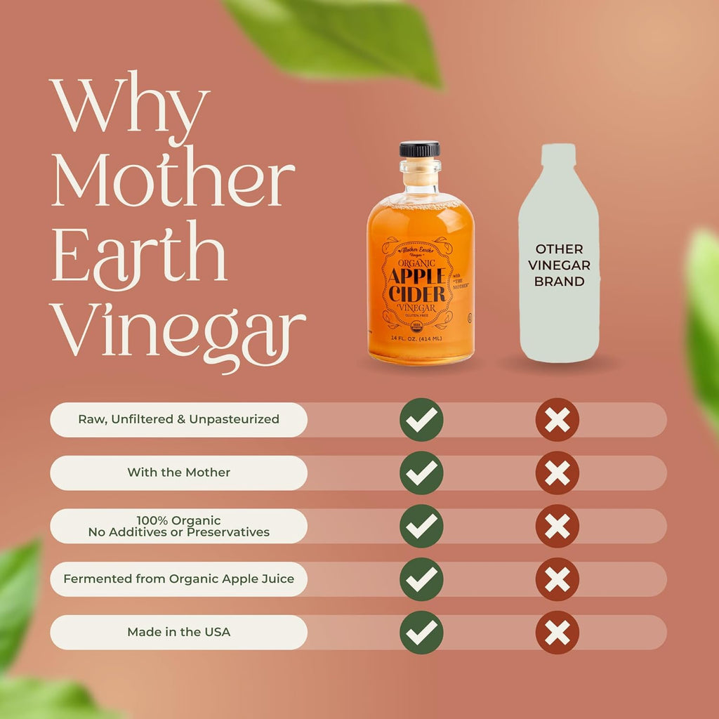 Mother Earth, Organic Apple Cider Vinegar with The Mother, Fresh Pressed Organic Apples, OACV, ACV, Raw, Unpasteurized, Unfiltered (1/14oz Apothecary Glass Bottle with Pour Spout)