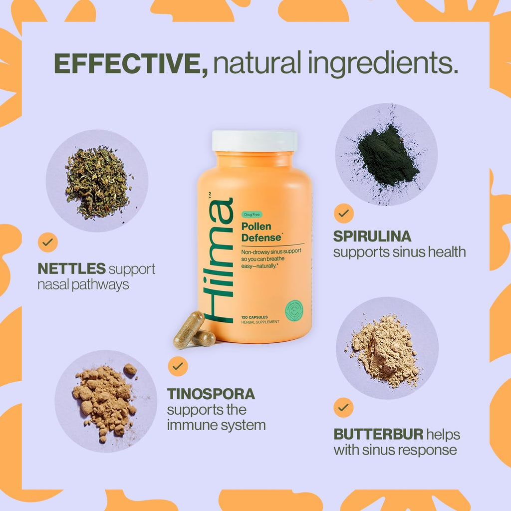 Hilma Natural Sinus Support, All Day Allergy and Sinus Relief from Pollen and Dust w/Butterbur, Stinging Nettles and Spirulina, Non-Drowsy, Organic, Clinically Proven Ingredients, 120 Vegan Capsules