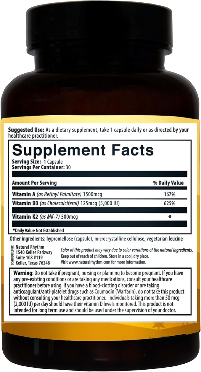 Natural Rhythm Vitamin D3 5000 IU + K2 MK-7 Plus Vitamin A – Bone & Immune Support Supplement, Supports Calcium Absorption & Cardiovascular Function, Vegetarian Capsules (30 Count)