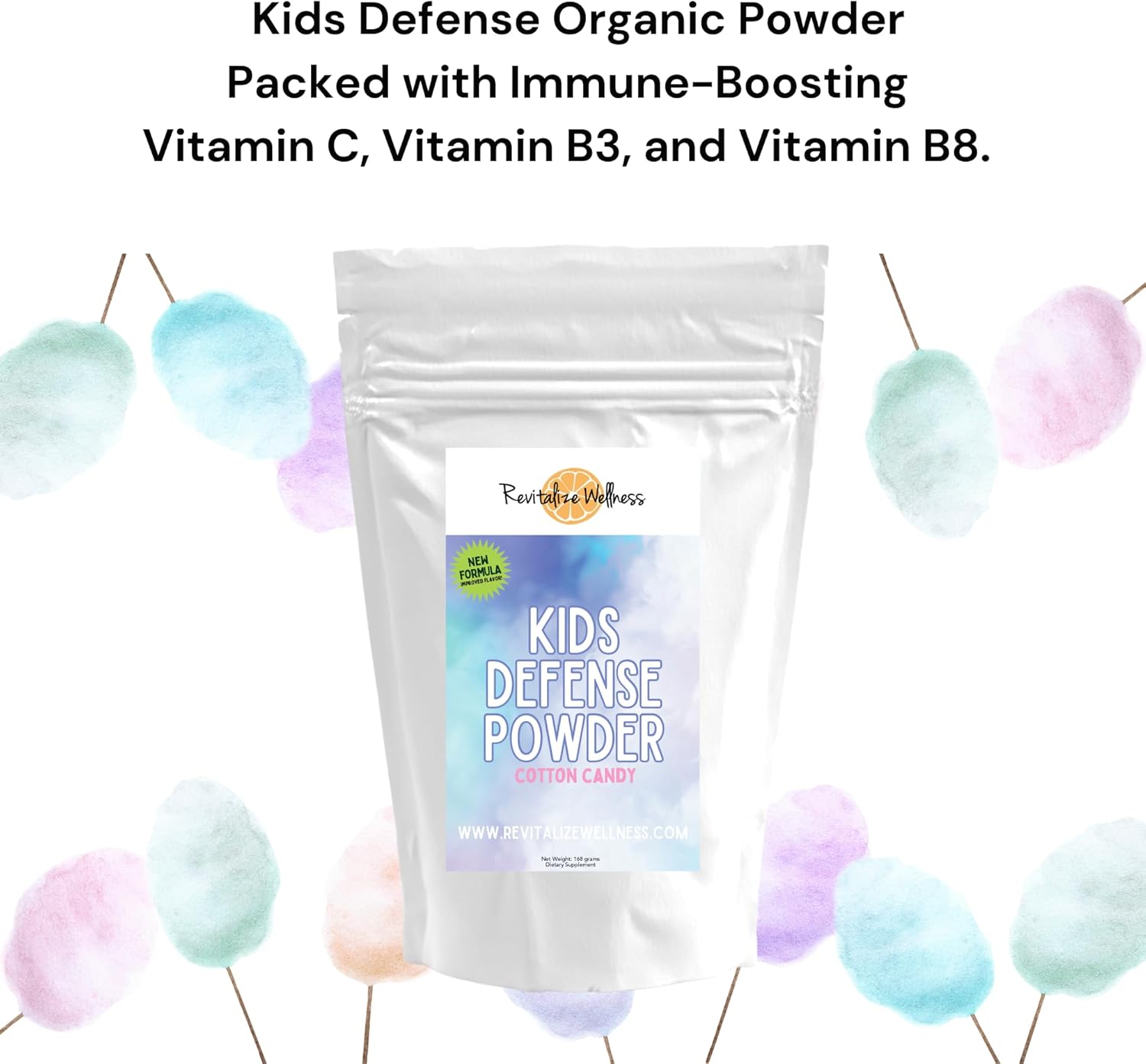 Kids Defense Powder | New Formula, Improved Flavor | Orthomolecular Dose of 1000 mg Vitamin C and 250 mg B3 | Pure, Corn Free, & GMO-Free | Cotton Candy Flavor | 120 Servings