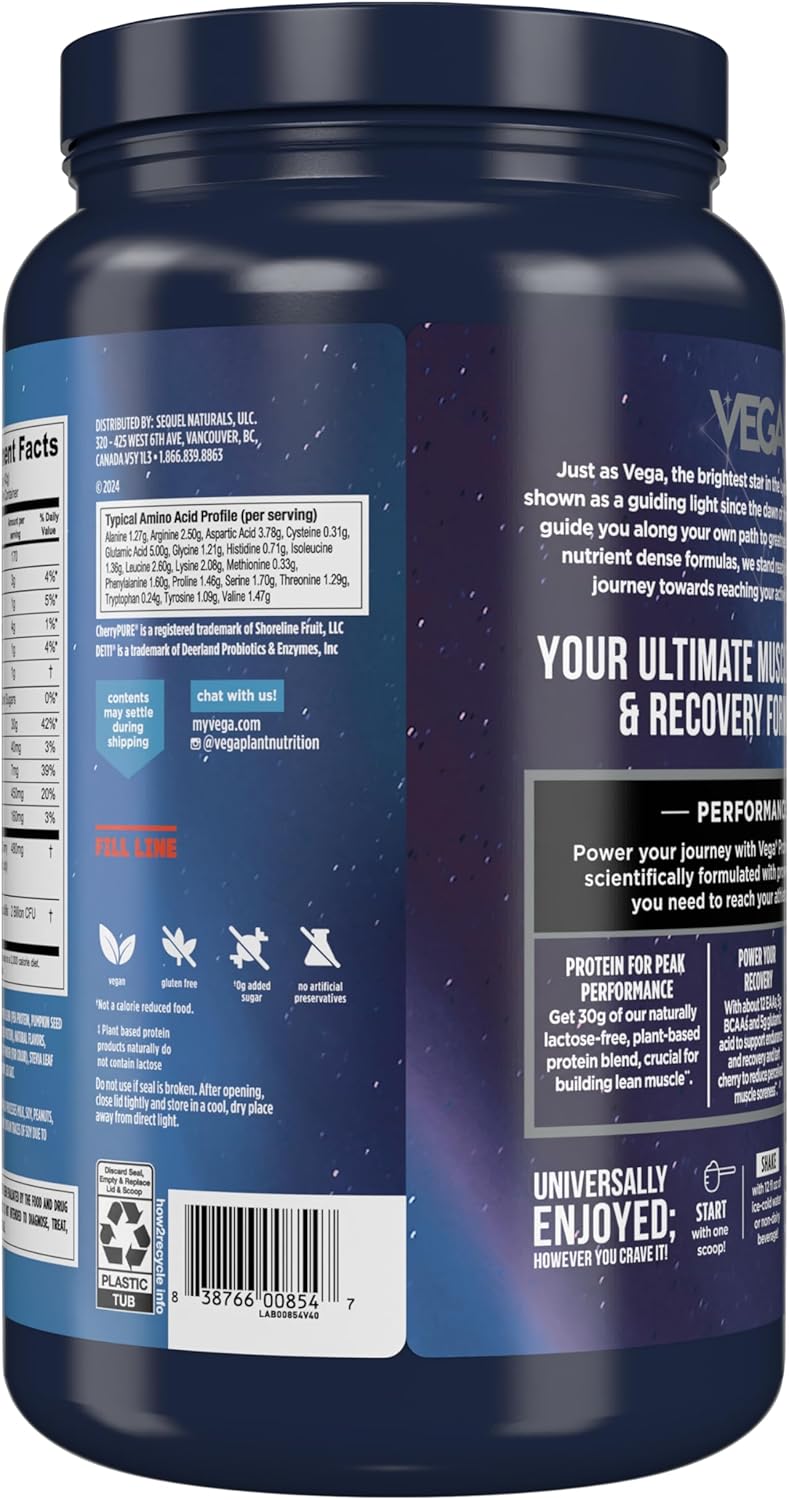Vega Sport Vegan Protein Powder + Recovery - 30g Plant Based Protein per Serving, Berry, 19 Servings, 5g BCAAs, Probiotics, NSF Certified, For Shakes & Smoothies, 1.8lbs (Packaging May Vary)