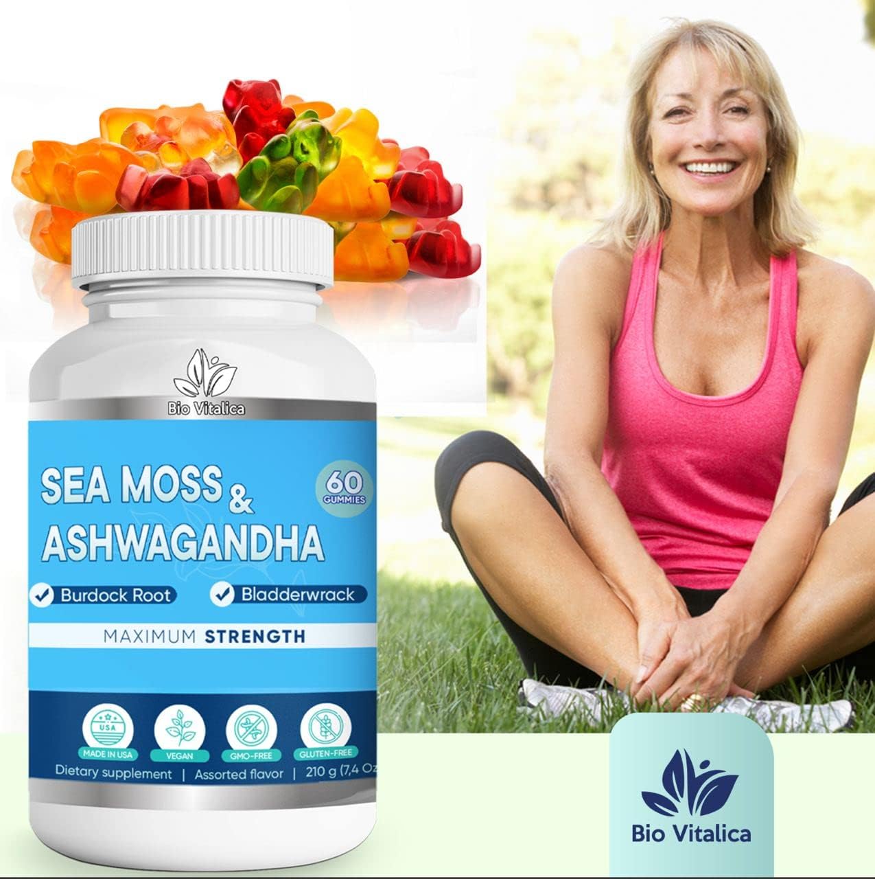 BIO VITALICA Sea Moss Ashwagandha Gummies - Organic Irish Seamoss & Ashwa Root Powder Supplements for Supporting Energy & Immunity for Men and Women - 2 Packs