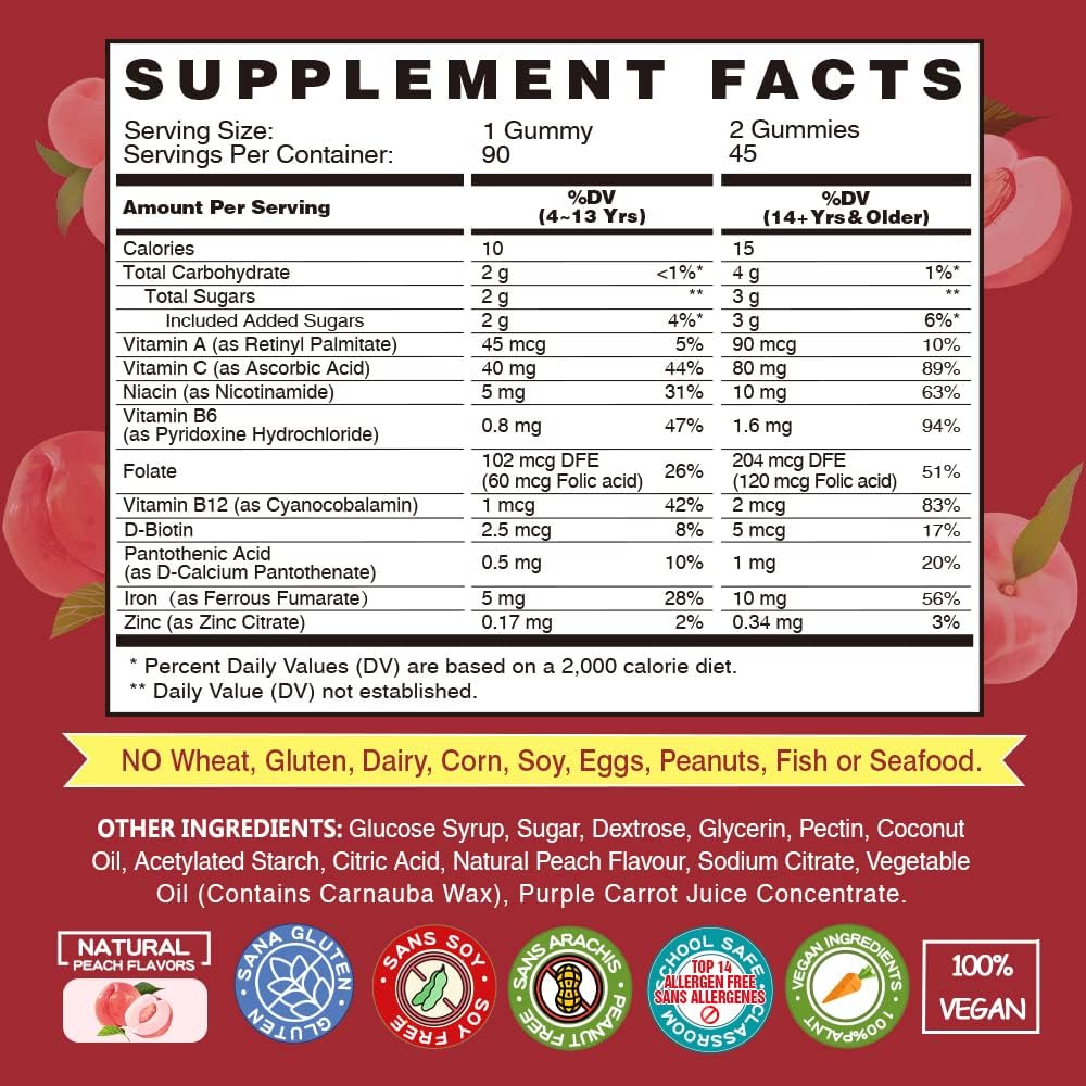 Iron Gummies Supplements for Women & Kids - Multivitamin with Iron for Blood Oxygen, Great Tasting Gummy Vitamins with Vitamin C for Max Absorption - Vegan Chewable, Peach Flavor(3 Packs)