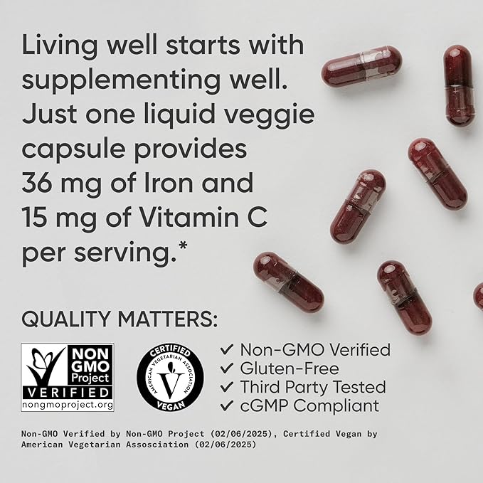 Sports Research® Blood Balance Iron Supplement - 36 MG Iron + Folate & Vitamin C for Absorption - Red Blood Cell Support for Women & Men* - Vegan Certified · Non-GMO · Gluten-Free - 90 Capsules