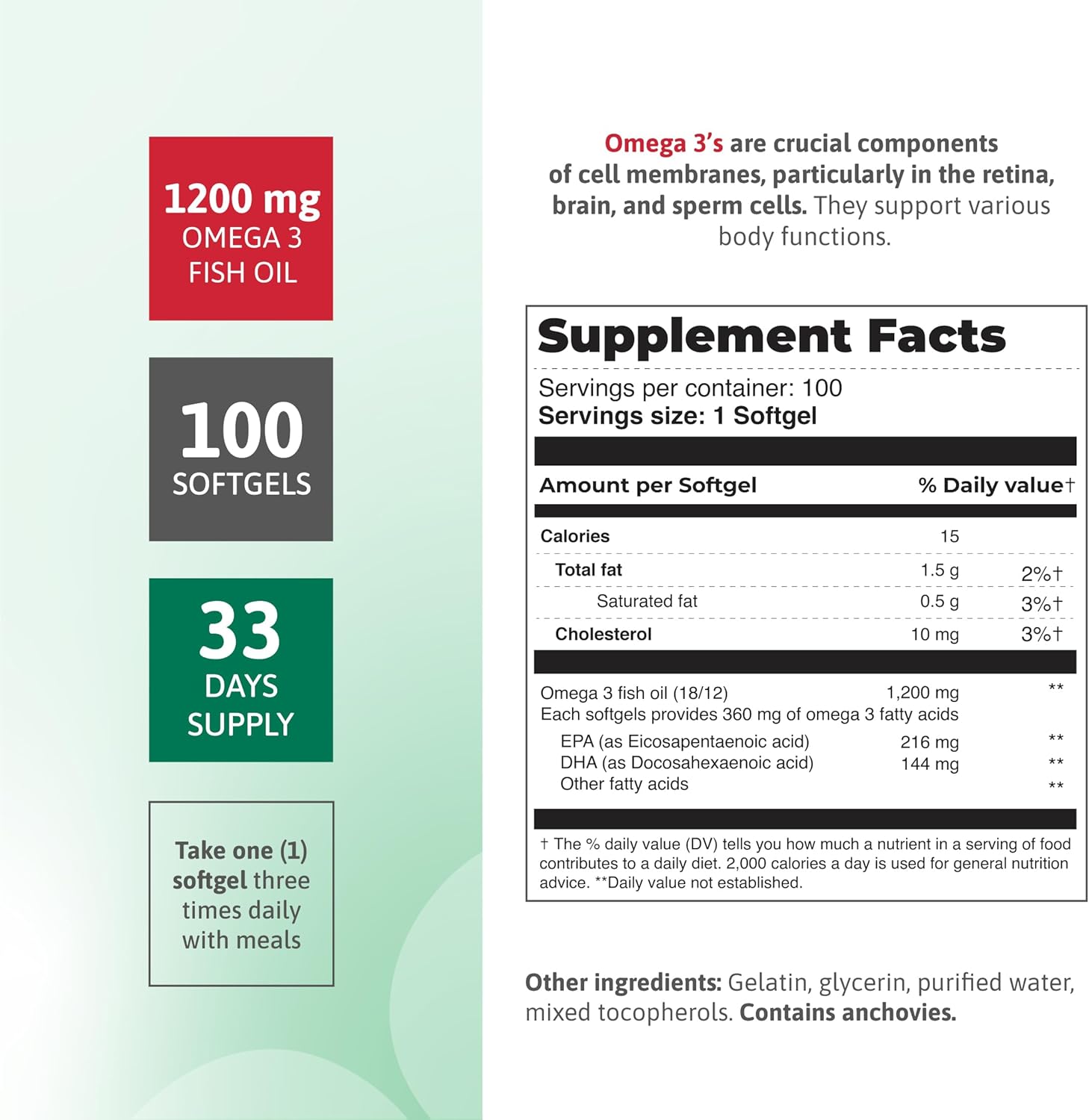 Fish Oil 1200 mg – 360 mg Omega-3 Fatty Acids – Supports Heart Health, Circulatory Health, and Cognitive Function – Non-GMO, Gluten-Free Fish Oil Supplement for Women and Men