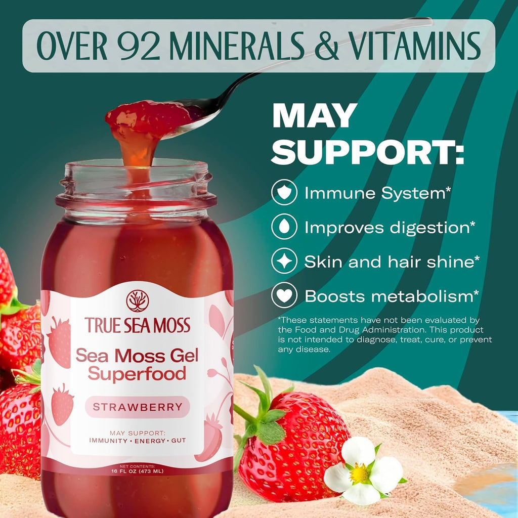 TrueSeaMoss Sea Moss Gel – Made in USA – Wildcrafted Seamoss, Fresh Fruits & Sea Vegetables – Strawberry, Pack of 2 (Labels may Vary)