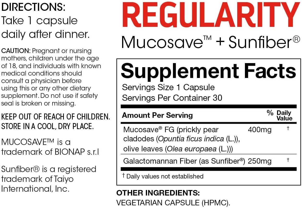Silver Fern Regularity Digestive Supplement Capsules Brand - 1 Bottle = 30 Capsules = 30 Day Supply - Mucosave FG (Prickly Pear Polysaccharides & Olive Leaf Polyphenols) & SunFiber