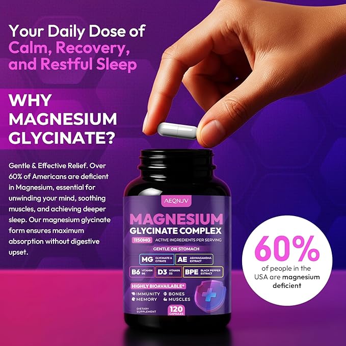 Magnesium Glycinate Complex 1150mg - Gentle on Stomach High Absorption Magnesium Capsules with Citrate, Silica, Ashwagandha & Vitamin B6 for Zzz, Stress Relief, Muscle Support for Adults, Women & Men