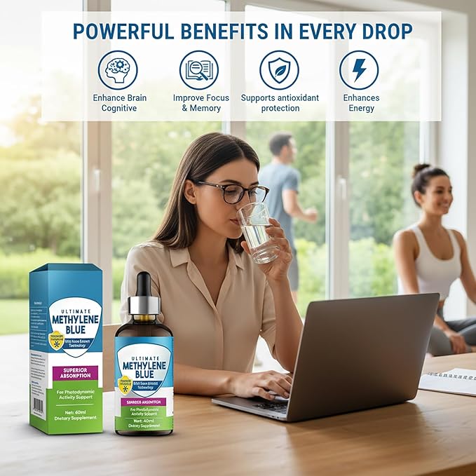 Methylene Blue Pharmaceutical Grade, 2 Fl oz Methylene Blue Drops, Supports Brain Health, Focus, Increased Absorption, Liquid Formula with Dropper, No Formaldehyde & GMO