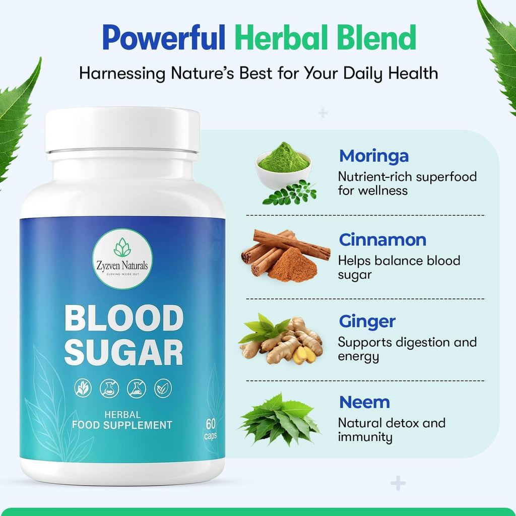 Blood Sugar Support Supplement – 60 Vegan Capsules | Herbal Supplement with Moringa, Cinnamon, Ginger, Neem & Fenugreek | Plant-Based Wellness Supplement - Serving: 2 Capsules/Day