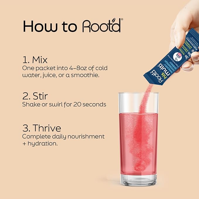 Root'd Multivitamin Powder for Men - 24 Vitamins & Minerals with 3X Electrolytes, 9 Organic Superfoods, Probiotics & Enzymes, Sugar-Free Multivitamin & Hydration | 30 Vitamin Drink Mix Packets