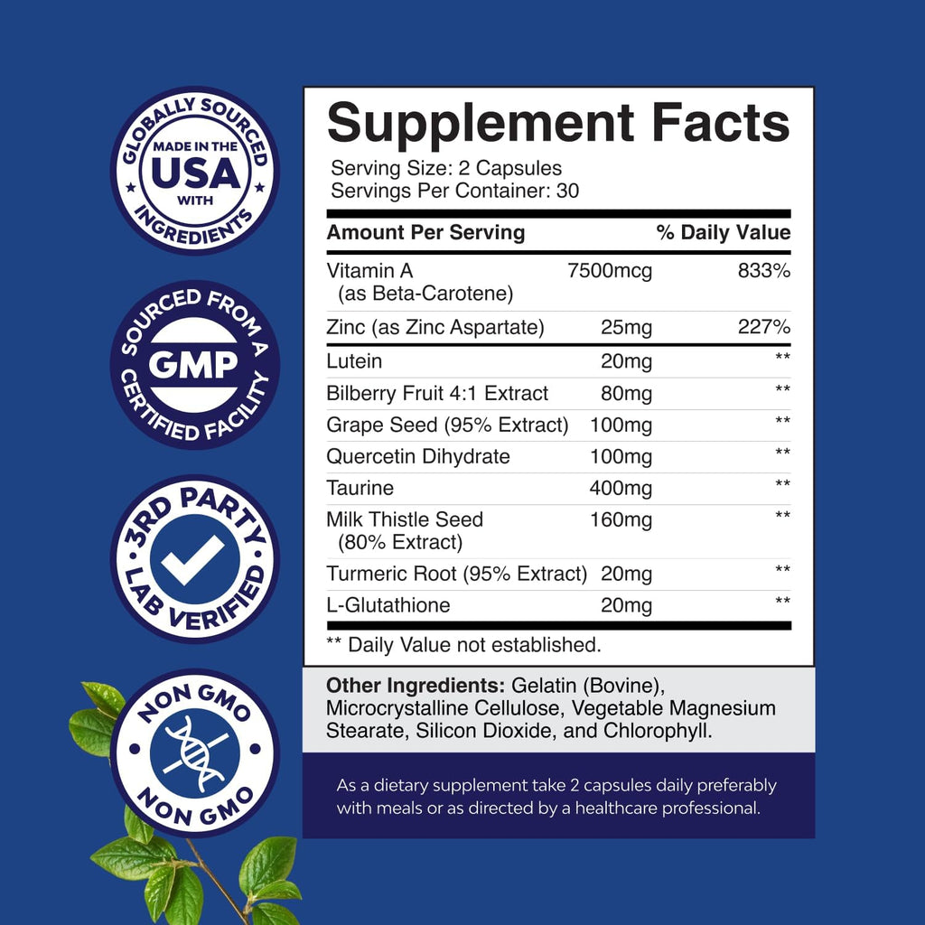 Complete Eye Health Supplement for Adults - Lutein 20mg Per Serving Eye Vitamins for Vision Dry Eyes Pressure and Blue Light Protection - Supplement Adults with Beta Carotene Eyes