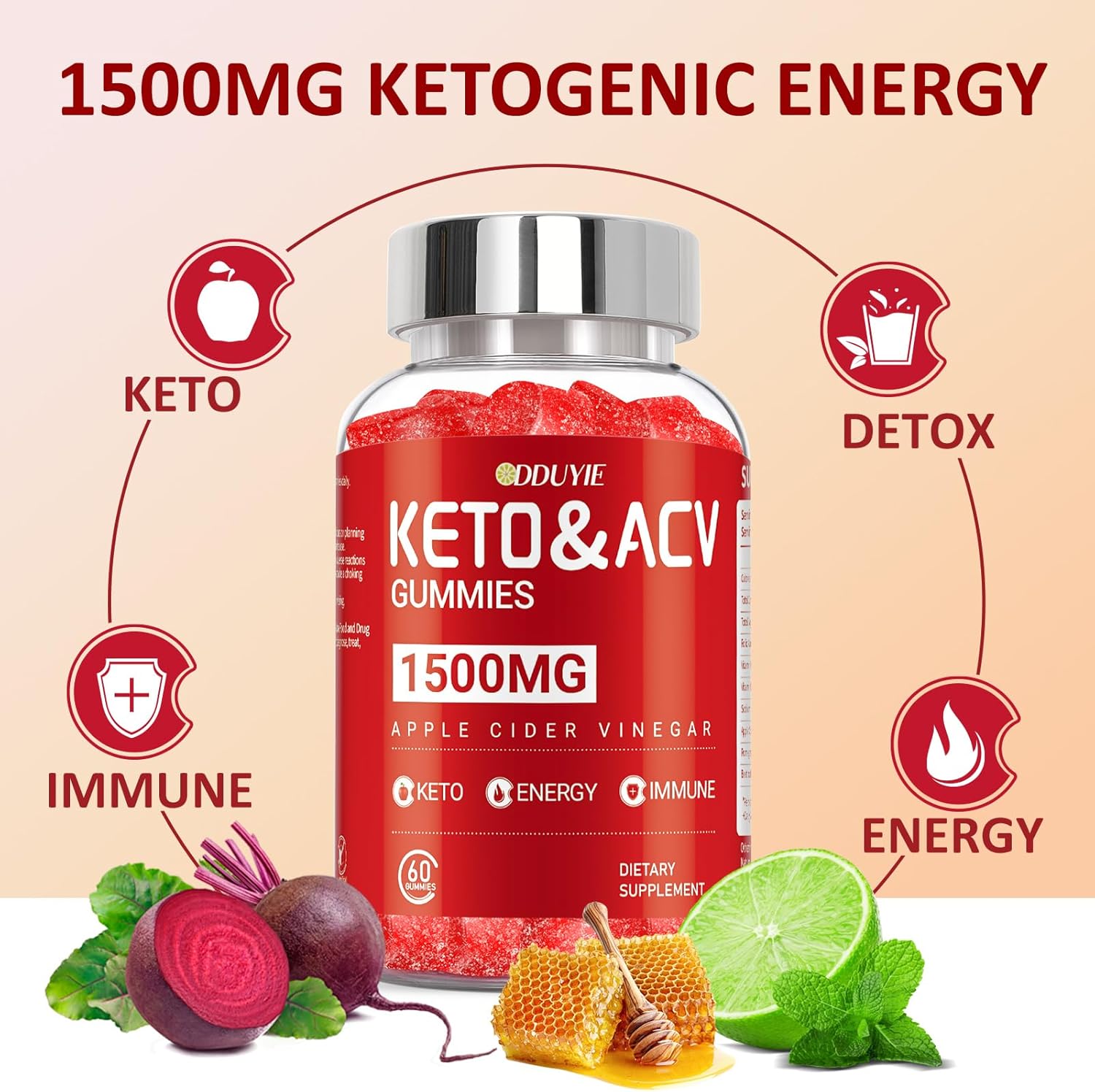 Keto ACV Gummies - 1500mg Apple Cider Vinegar Gummies with Pomegranate Beetroot & Vitamin B12 B6 - Lemon Honey Flavor - for Men & Woman - GMO Free & Vegan - 120 Count